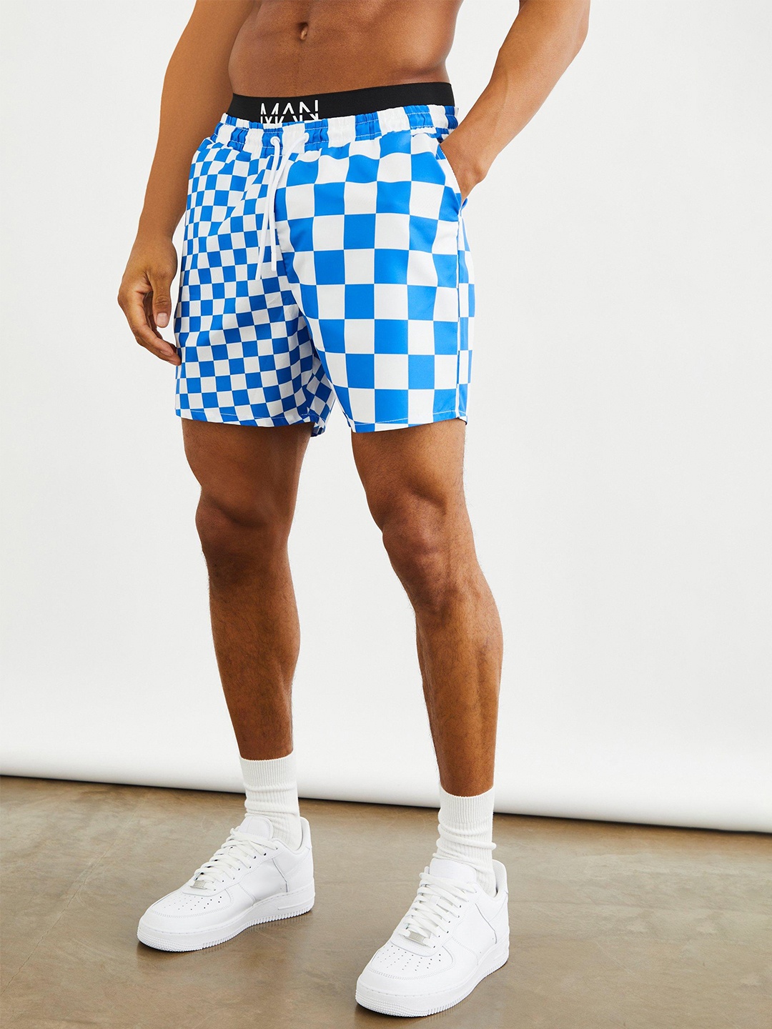 

boohooMAN Checked Swim Shorts, Blue