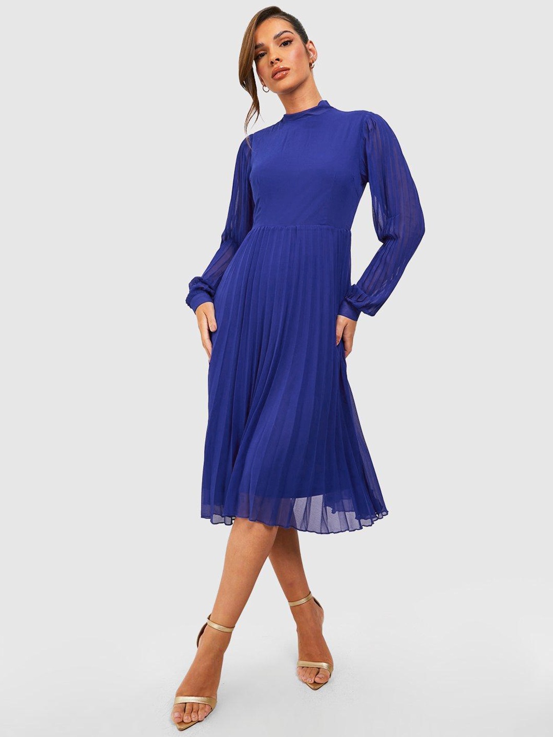 

Boohoo Accordion Pleated A-Line Midi Dress, Blue