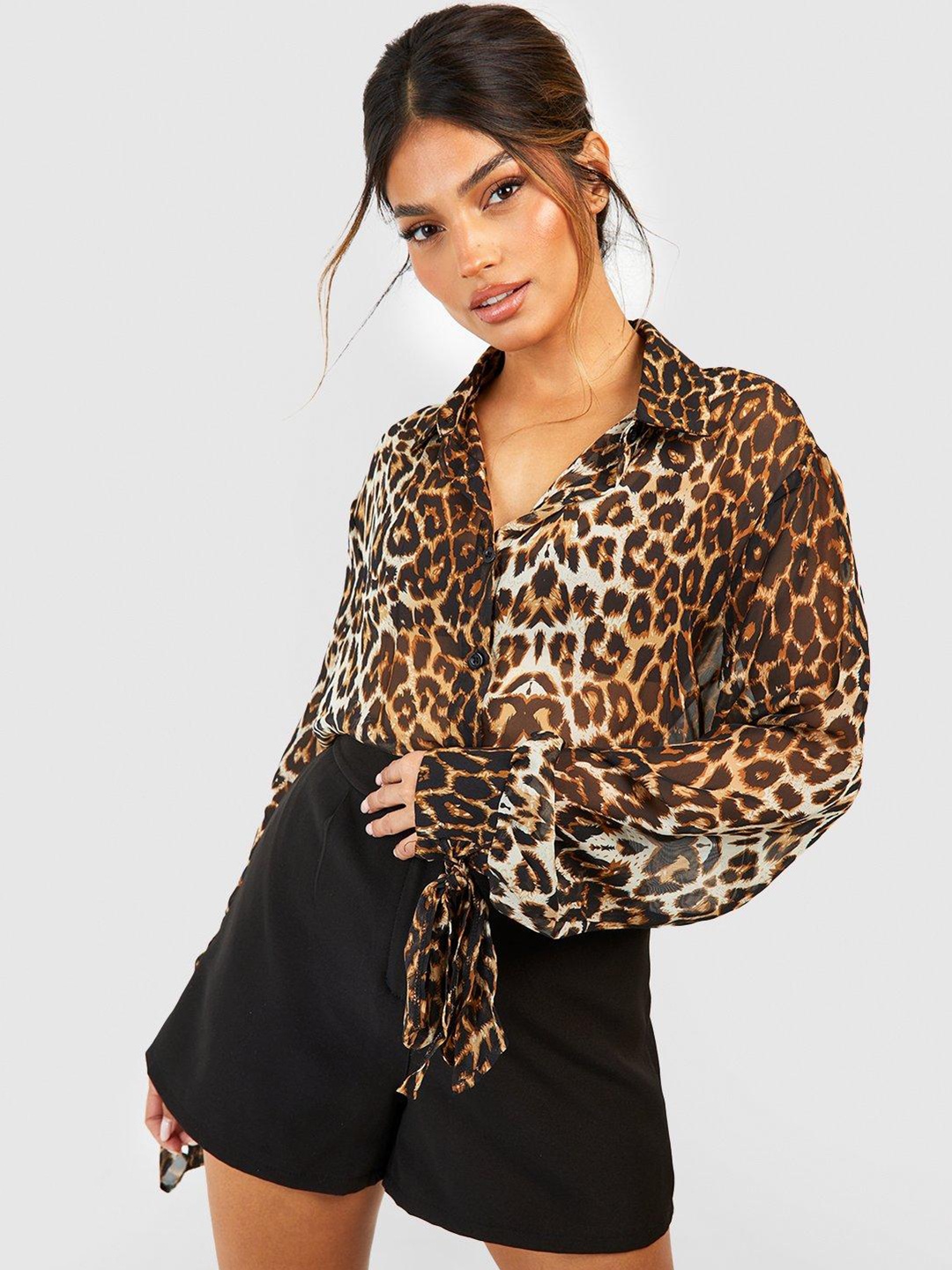 

Boohoo Leopard Print Chiffon Semi Sheer Tie-Up Shirt, Brown