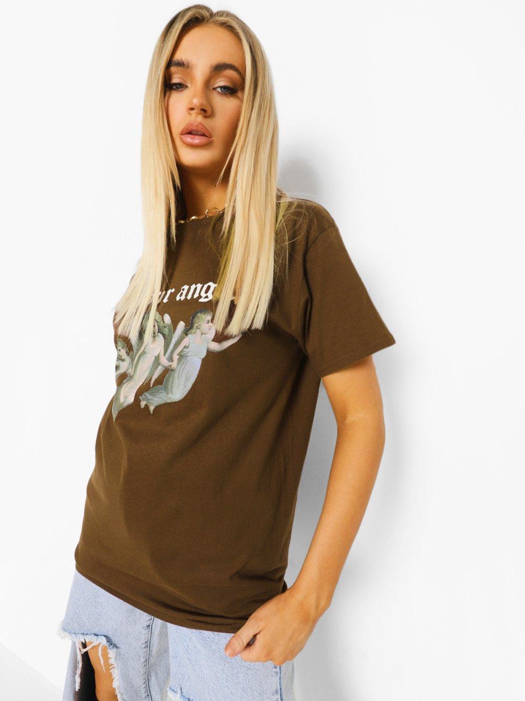 

Boohoo Printed Pure Cotton T-shirt, Brown