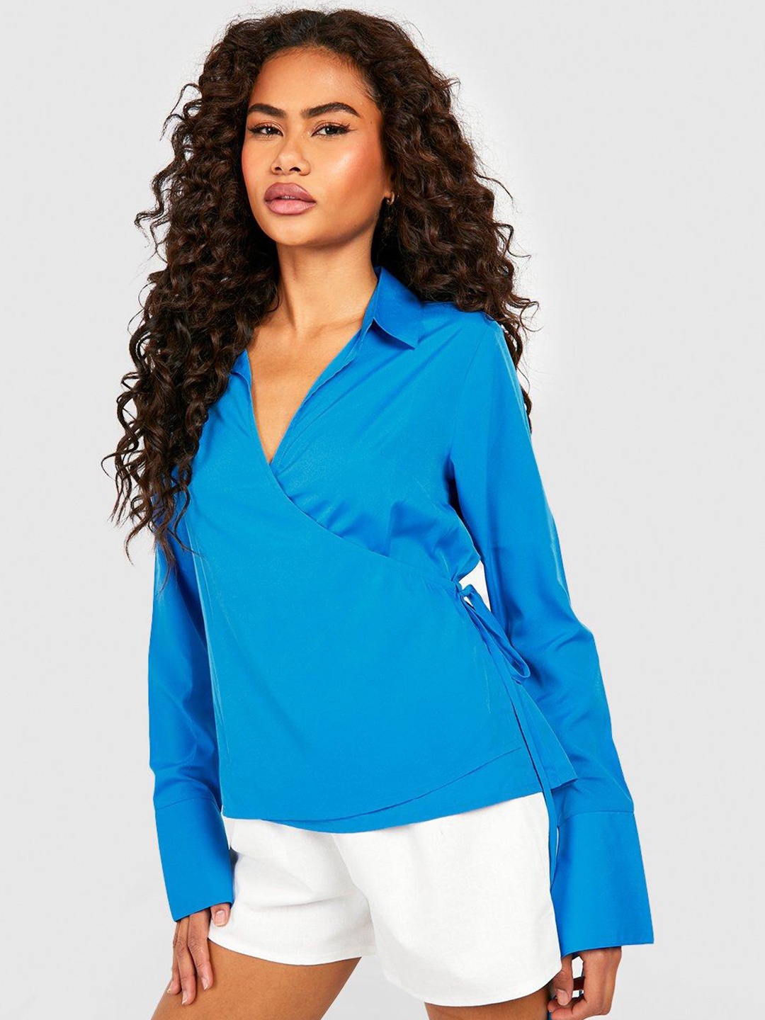 

Boohoo Slit Sleeves Shirt Style Wrap Top, Blue