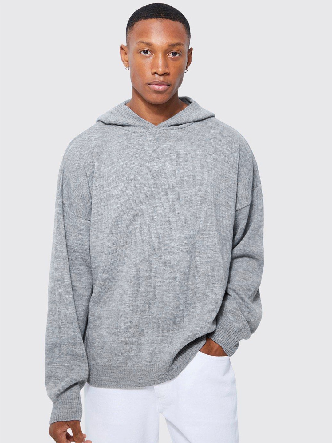 

boohooMAN Melange Effect Boxy Drop Shoulder Acrylic Hooded Sweatshirt, Grey