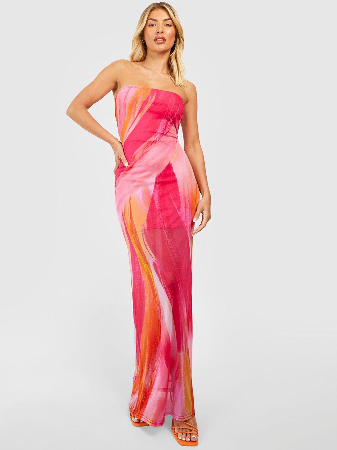 

Boohoo Printed Mesh Bandeau Maxi Dress, Pink