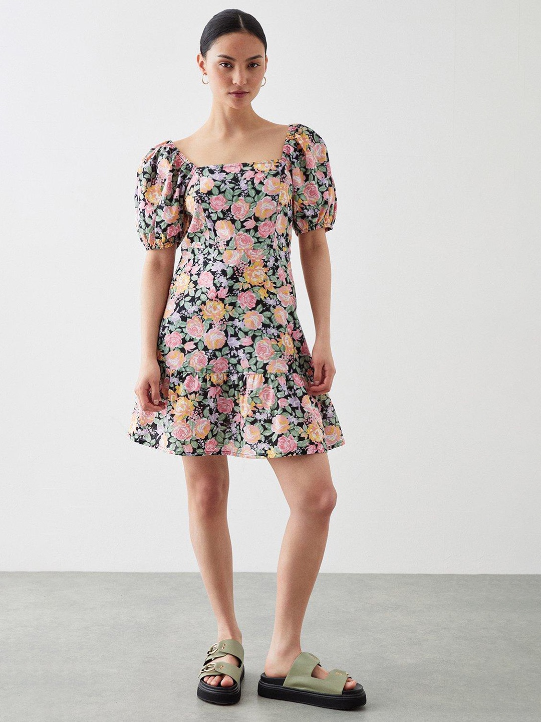

DOROTHY PERKINS Petite Cotton-Linen Floral Print Puff Sleeves A-Line Mini Dress, Black
