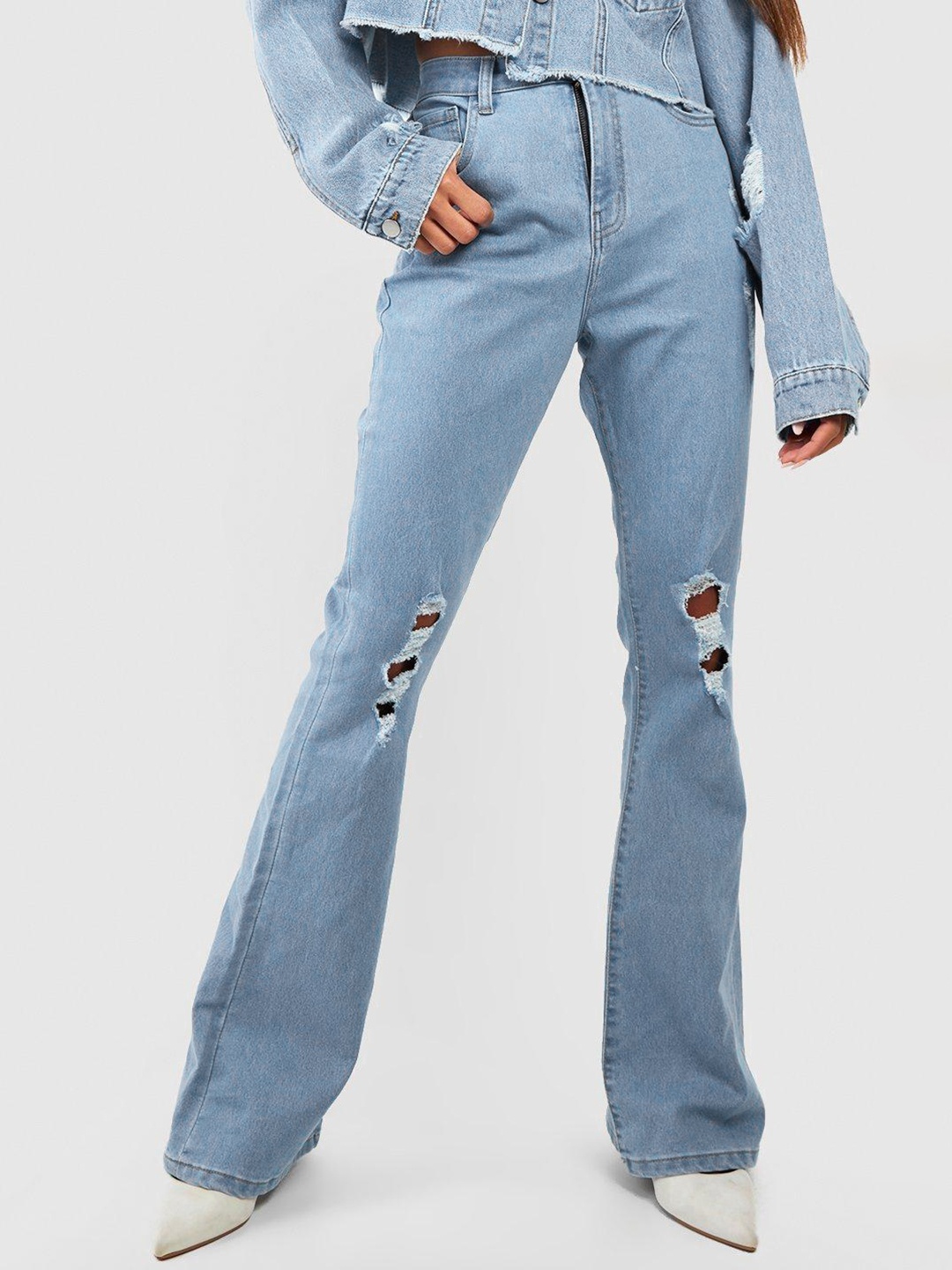 

Boohoo Women Flared High-Rise Slash Knee Stretchable Jeans, Blue