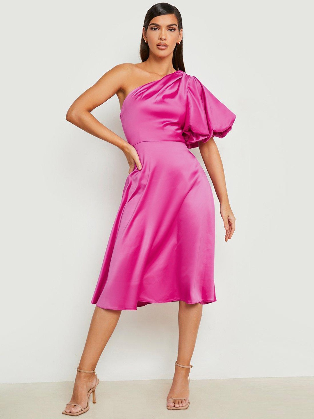 

Boohoo One Shoulder Puff Sleeve Satin Fit & Flare Dress, Pink