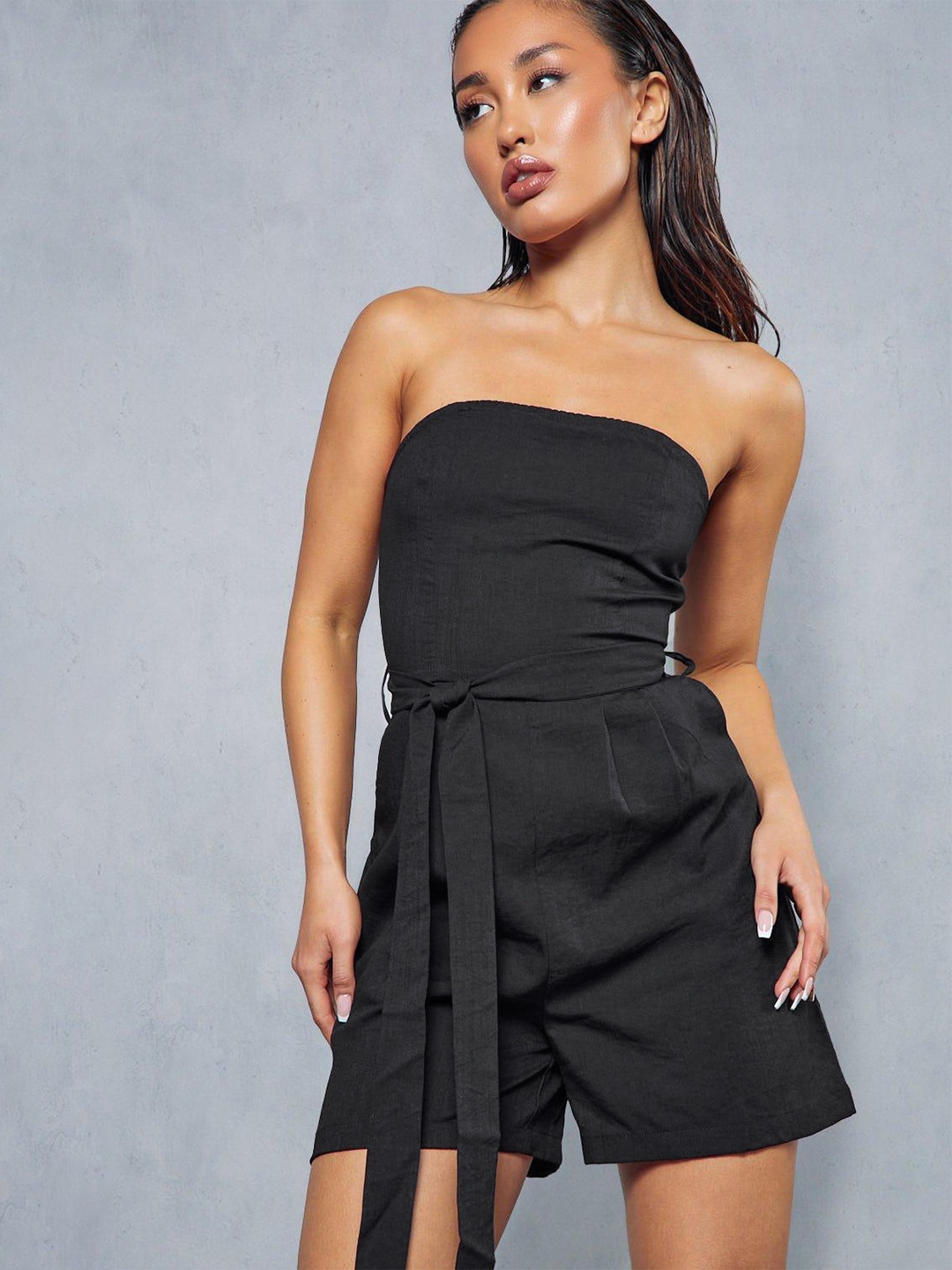 

MISSPAP Belted Bandeau Pocket Detail Playsuit, Black