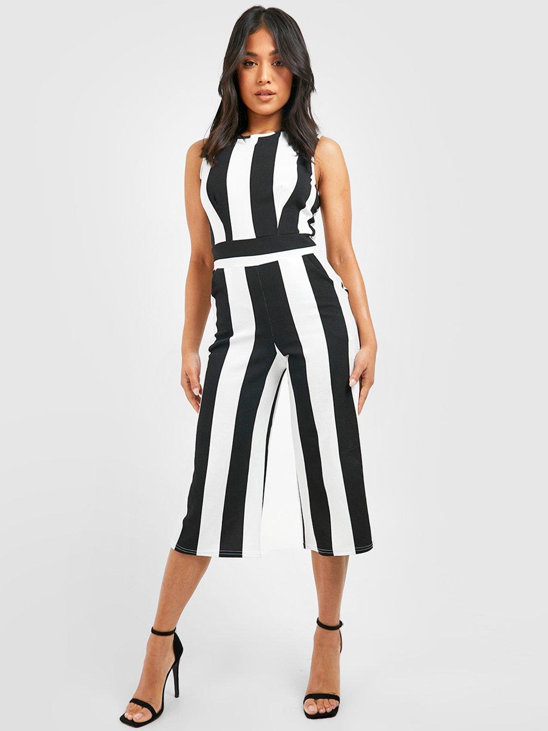 

Boohoo Petite Monochrome High Neck Striped Culotte Jumpsuit, Black