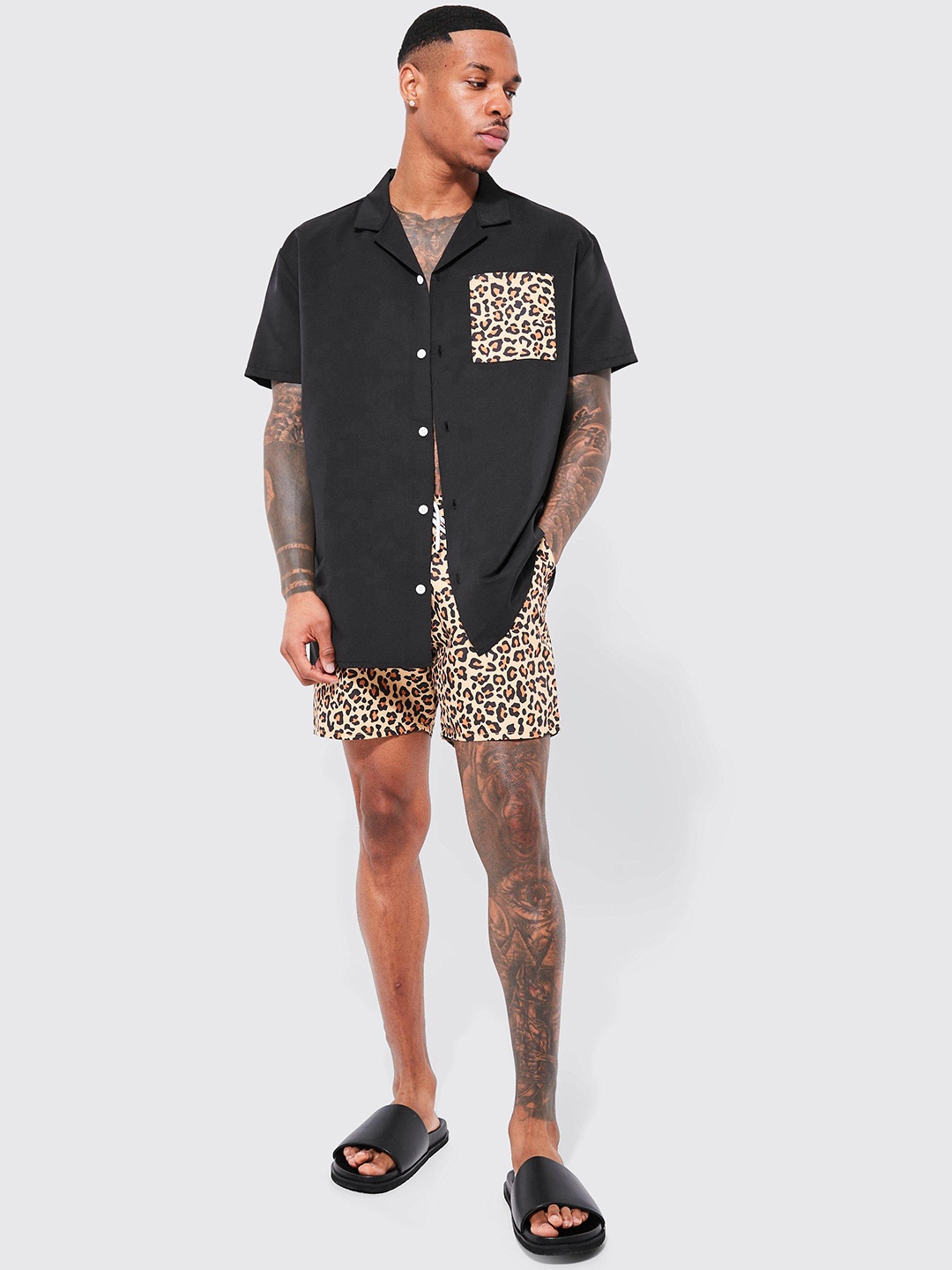 

boohooMAN Solid Shirt & Printed Swim Short Set, Black