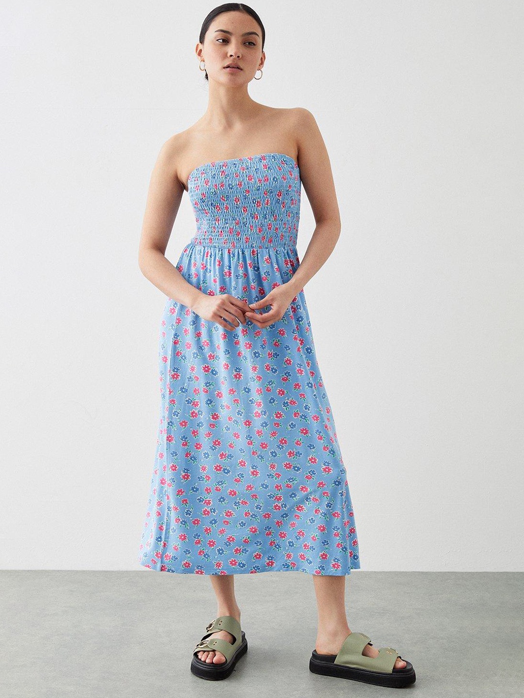 

DOROTHY PERKINS Petite Bandeau Style Floral Print Fit & Flare Midi Dress, Blue
