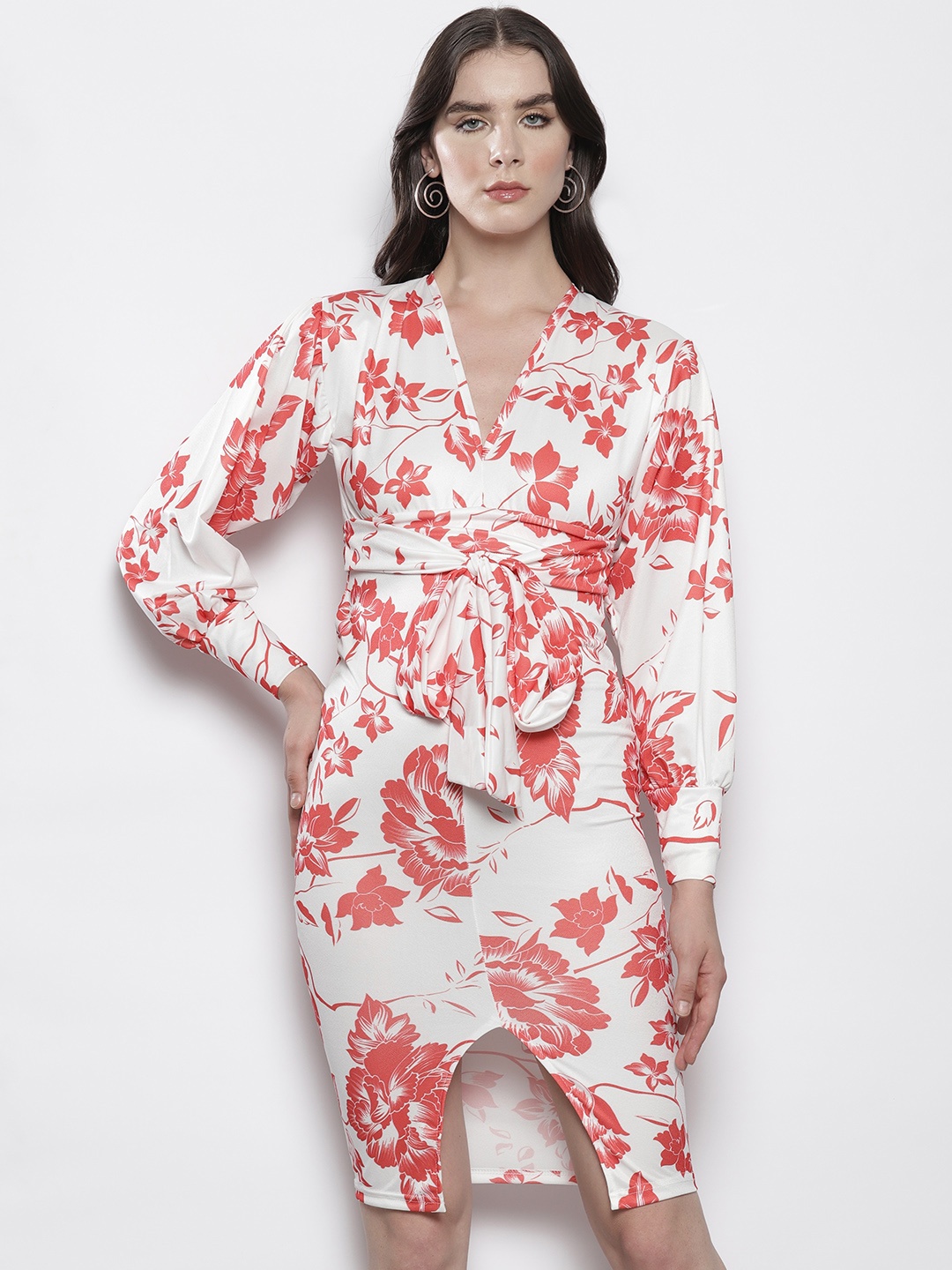 

Boohoo Floral Print Tie-Up Waist Sheath Dress, White