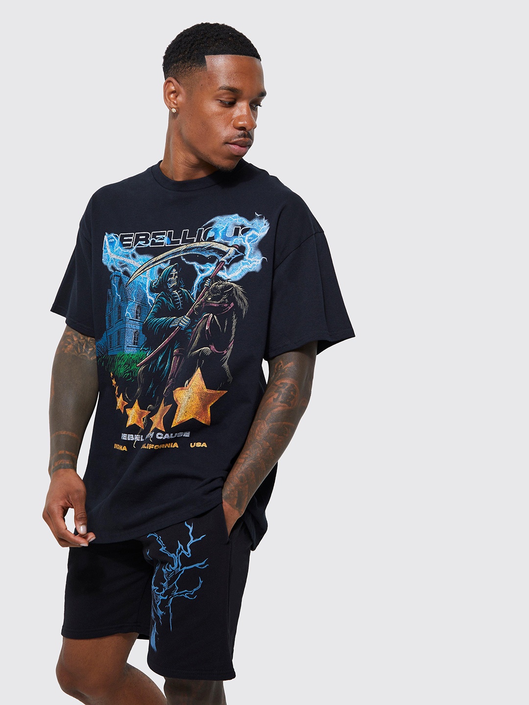 

boohooMAN Oversized Grim Reeper Graphic Printed Co-Ords, Navy blue