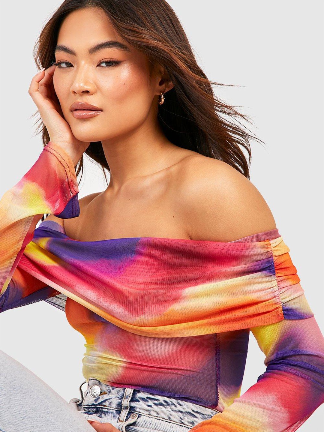 

Boohoo Abstract Print Mesh Off -Shoulder Top, Red