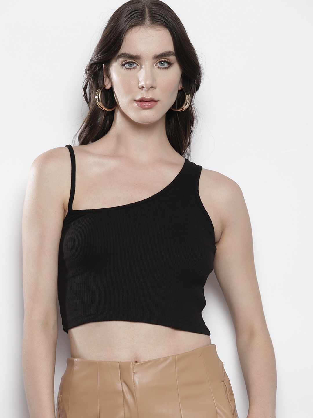 

MISSPAP Shoulder Straps Ribbed Crop Top, Black