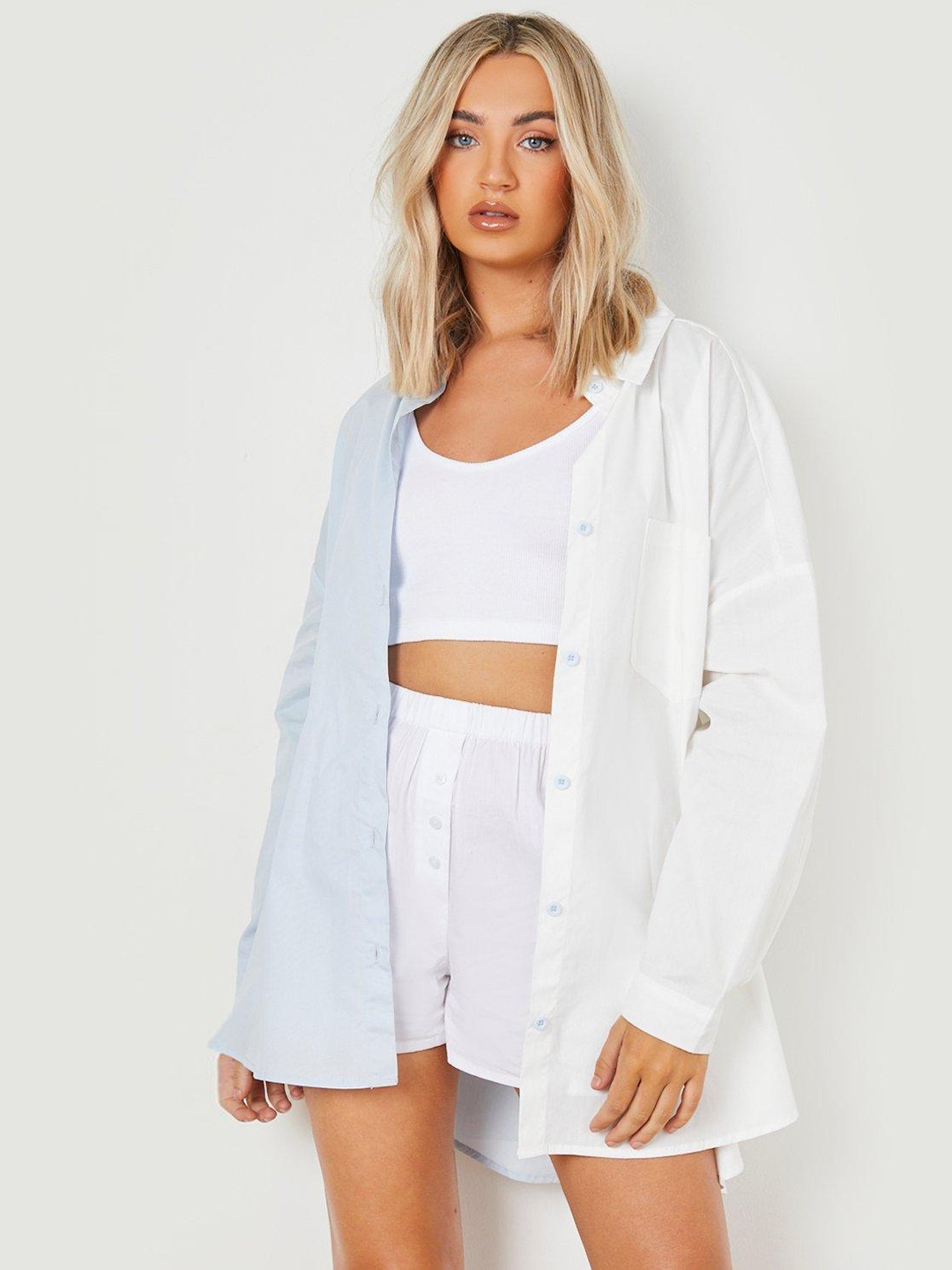 

Boohoo Colourblocked Pure Cotton Oversized High-Low Hem Shirt, White