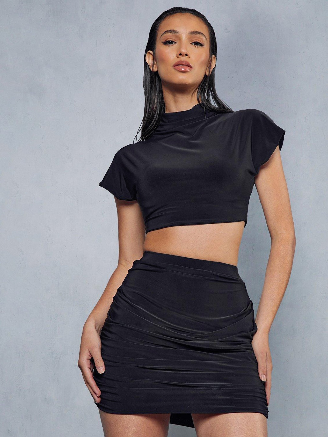 

MISSPAP Extended Sleeve Crop Top & Ruched Mini Skirt, Black