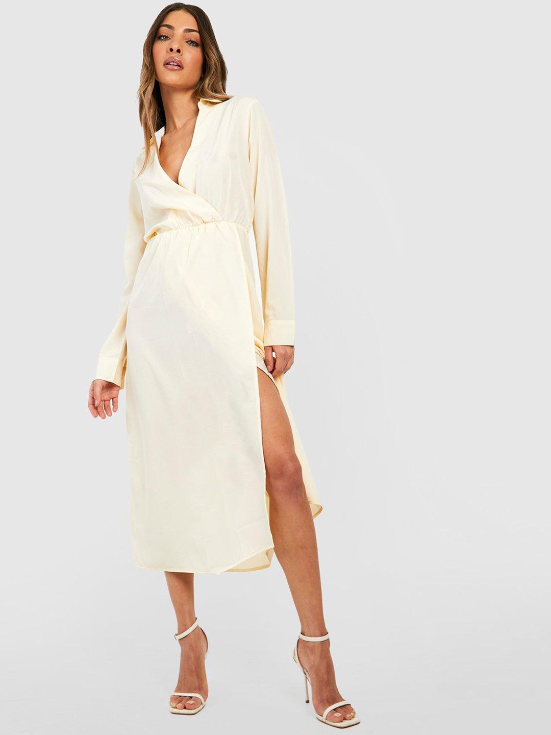 

Boohoo Wrap Style Front Slit Shirt Midi Dress, Cream