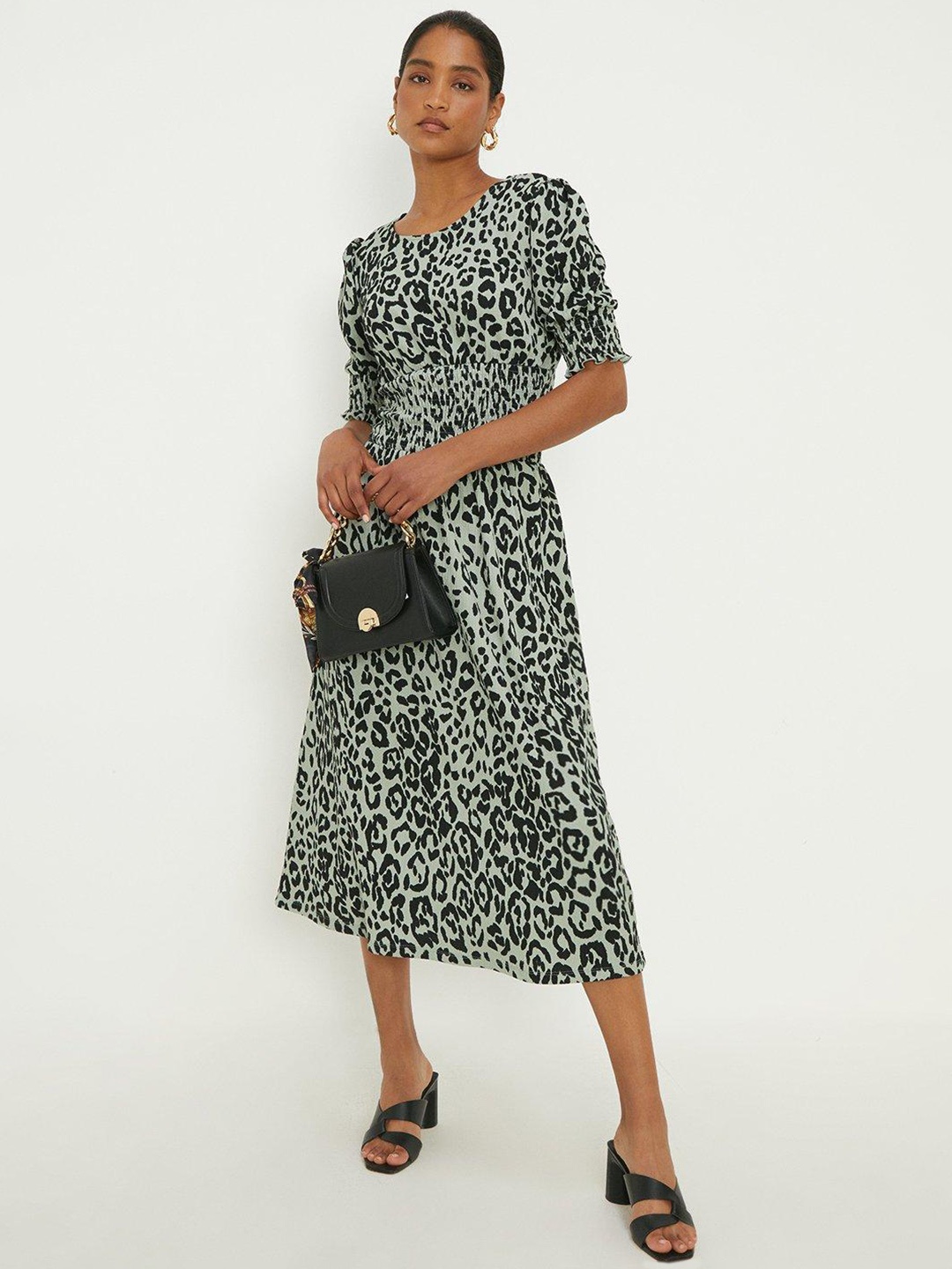 

DOROTHY PERKINS Animal Print Puff Sleeves Fit & Flare Midi Dress, Green