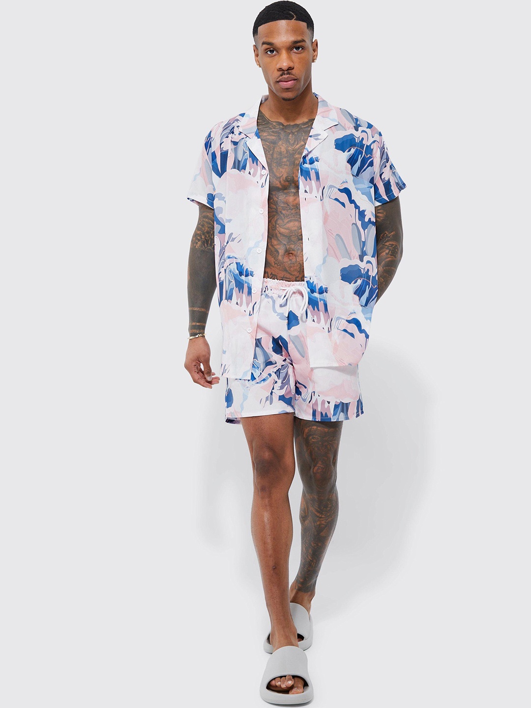 

boohooMAN Crepe Printed Shirt & Shorts Swim Set, Blue