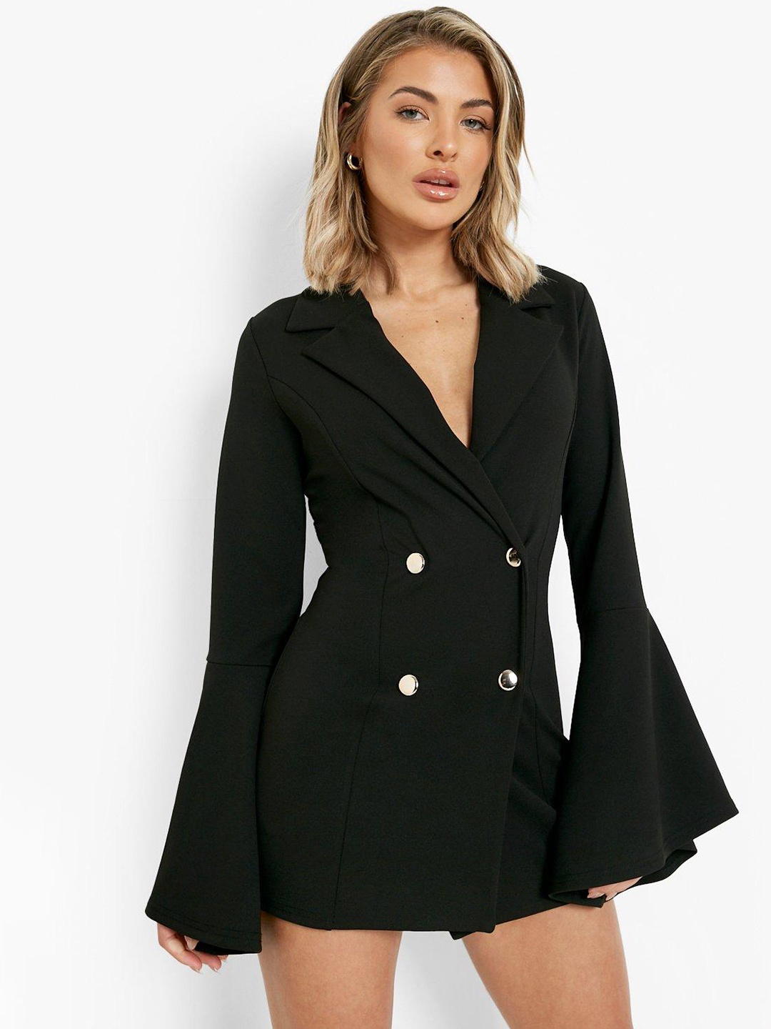

Boohoo Flared Sleeve Blazer-Style Playsuit, Black