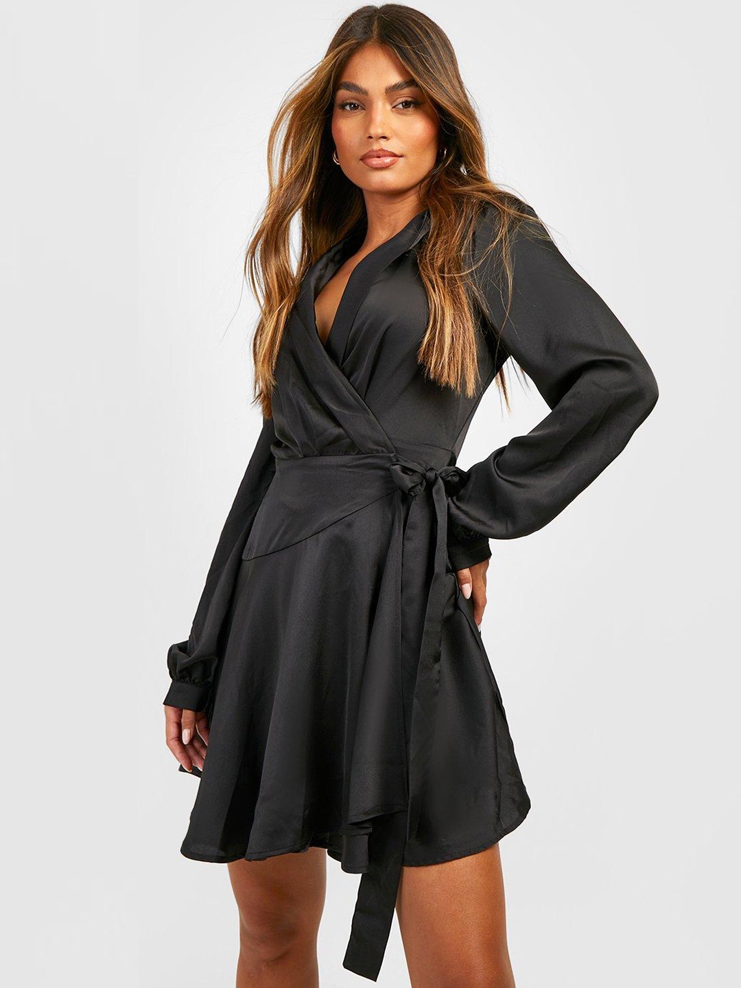 

Boohoo Satin Finish Wrap Skater Dress, Black