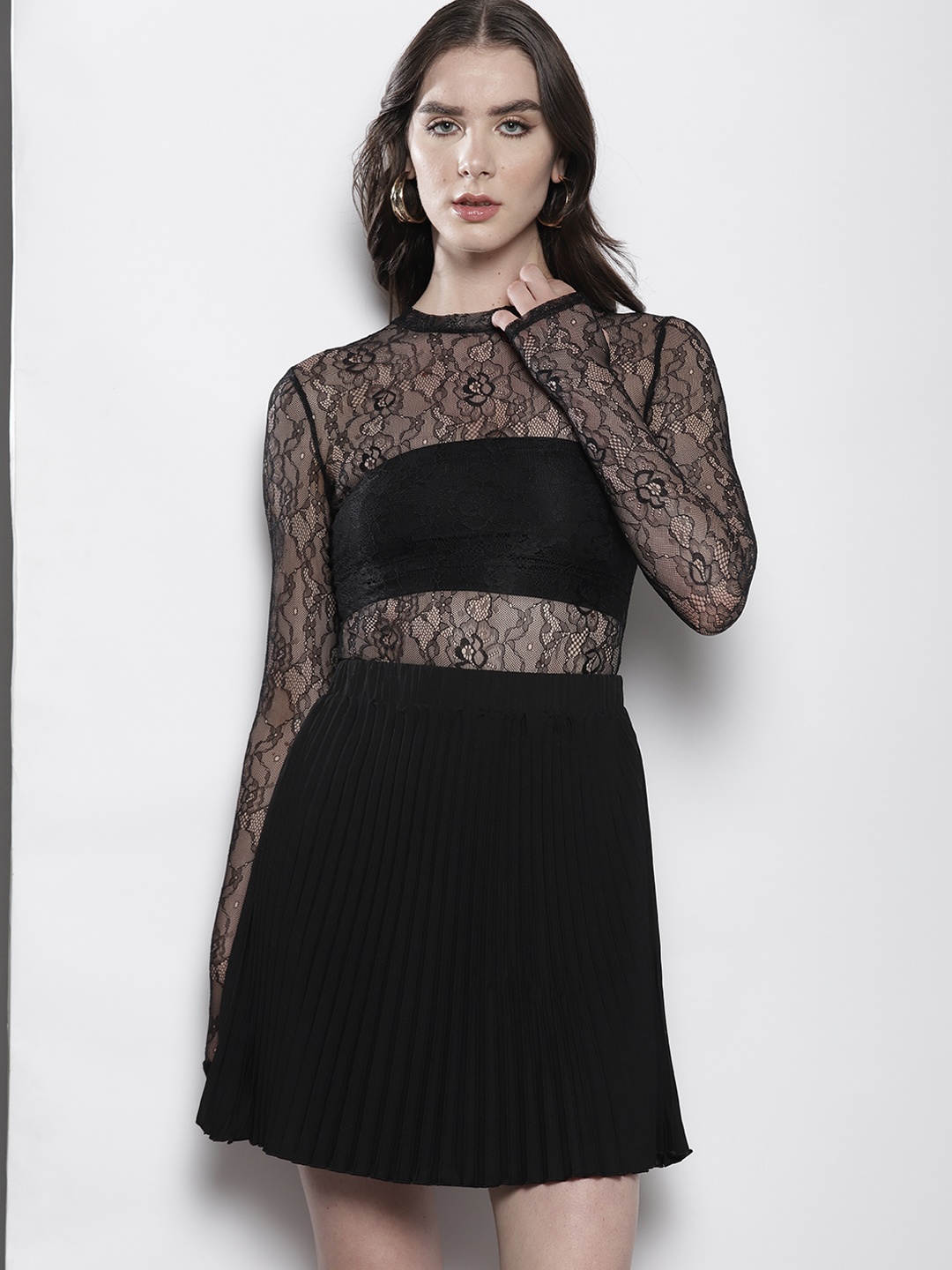 

MISSPAP Sheer Lace Bodysuit, Black
