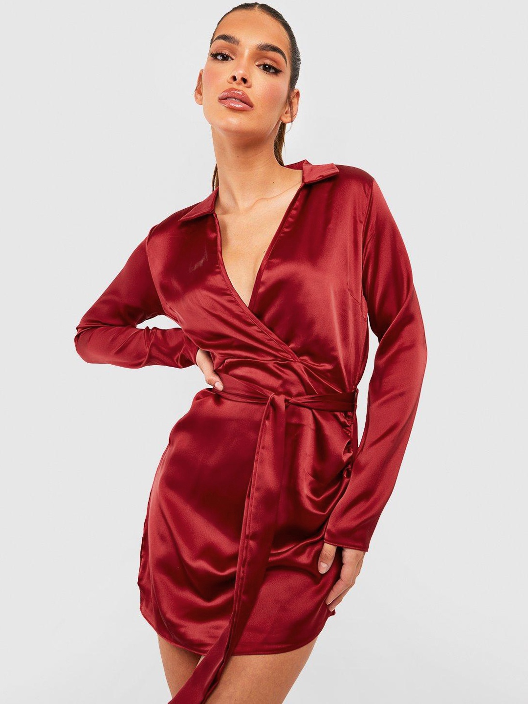 

Boohoo Wrap Satin Mini Dress, Red