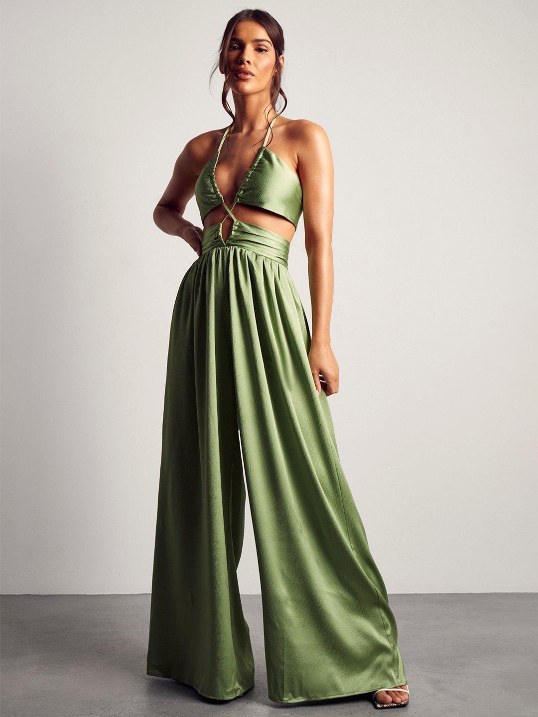 

MISSPAP Satin Cut-Out Detail Halter Neck Basic Jumpsuit, Green