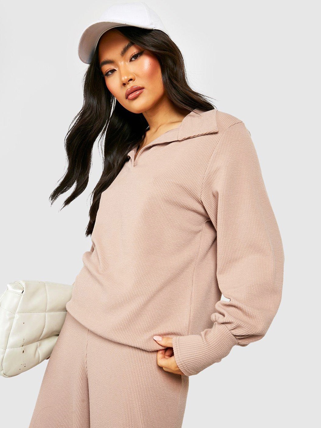 

Boohoo Ribbed Bishop Sleeves Oversized Shirt Style Top, Rose