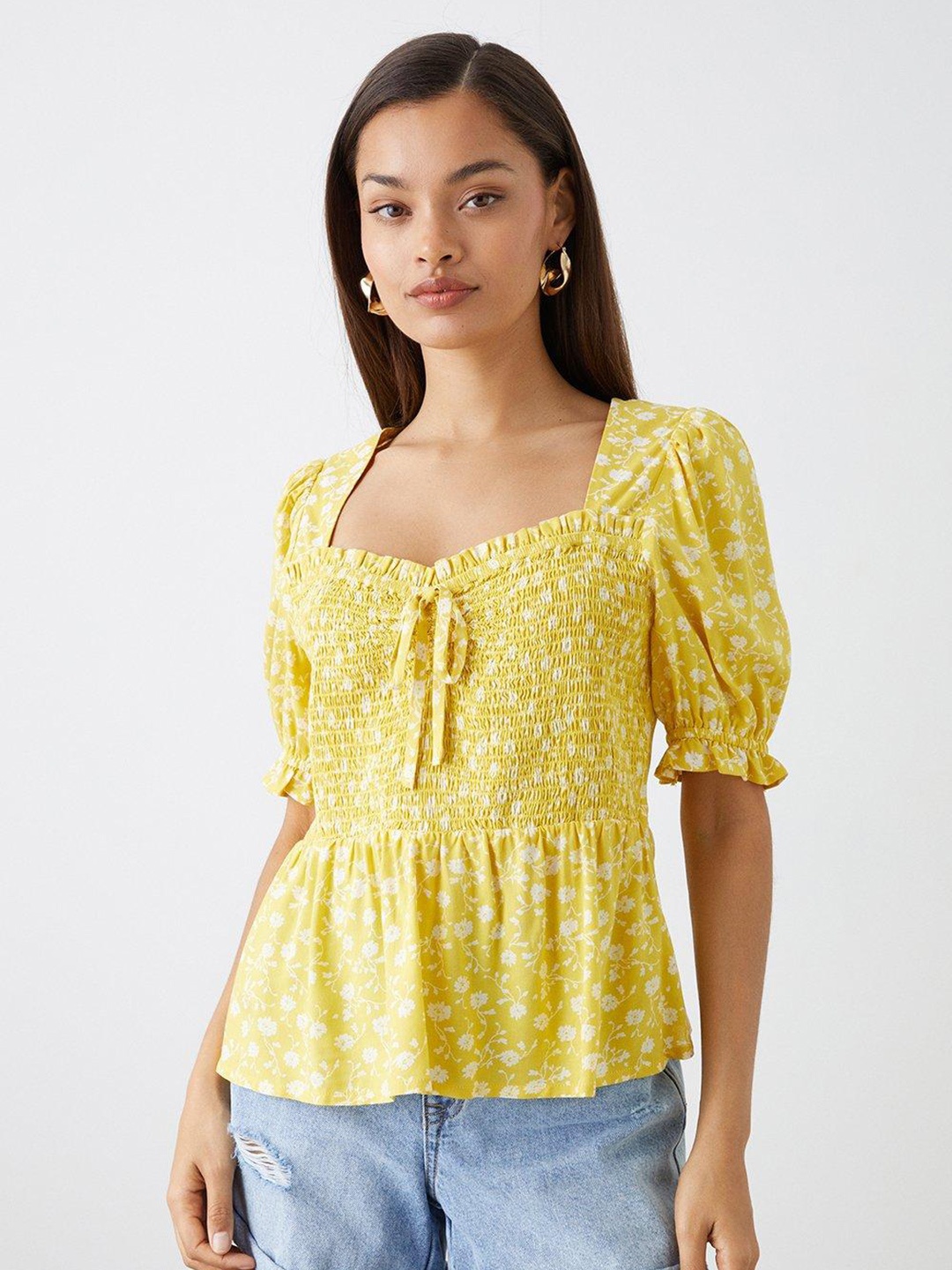 

DOROTHY PERKINS Petite Floral Print Smocked Peplum Top, Yellow