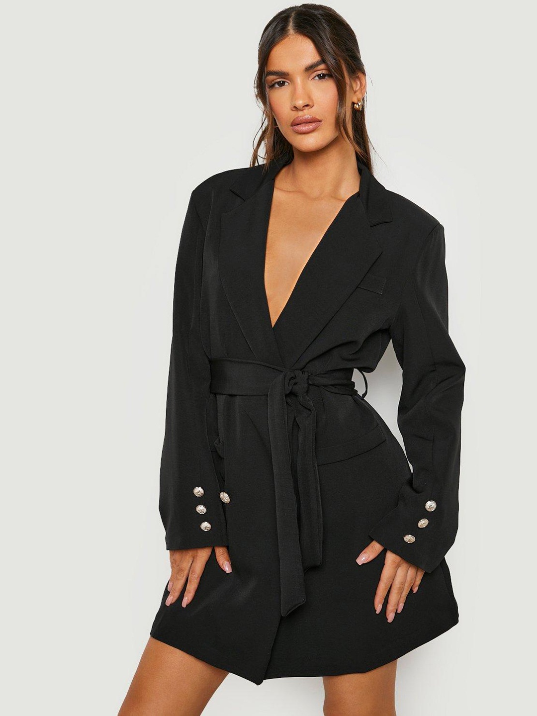 

Boohoo Solid Double Breasted Belted Blazer Mini Dress, Black