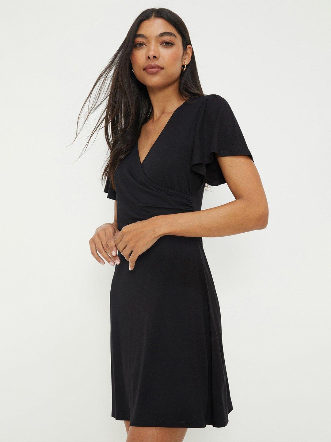 

DOROTHY PERKINS Flutter Sleeves Wrap Style Dress, Black