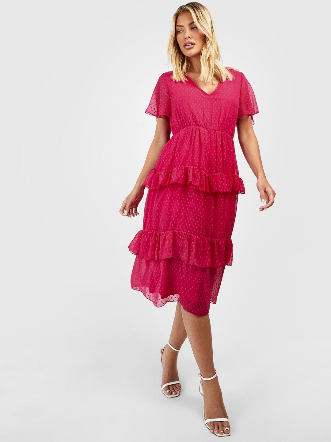 

Boohoo Dobby Weave Chiffon Tiered A-Line Midi Dress, Pink