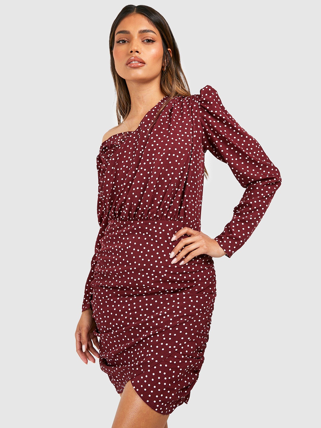 

Boohoo Polka Dot Print One Shoulder Ruched Tulip Dress, Maroon