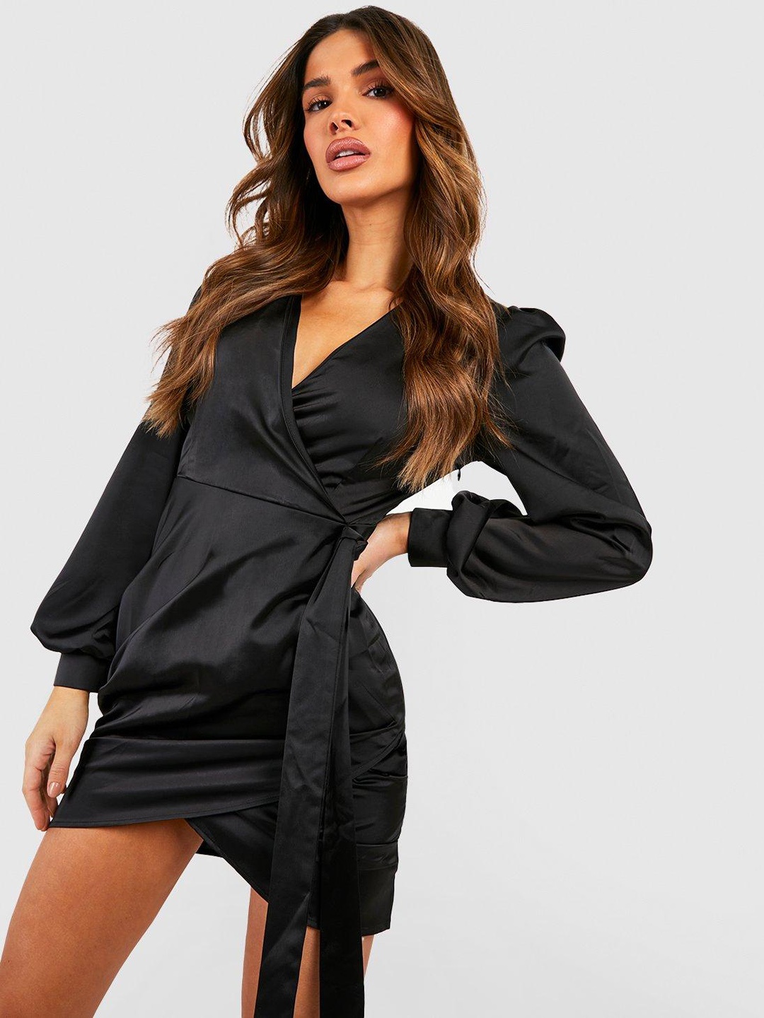 

Boohoo Puff Sleeve Satin Wrap Mini Dress, Black