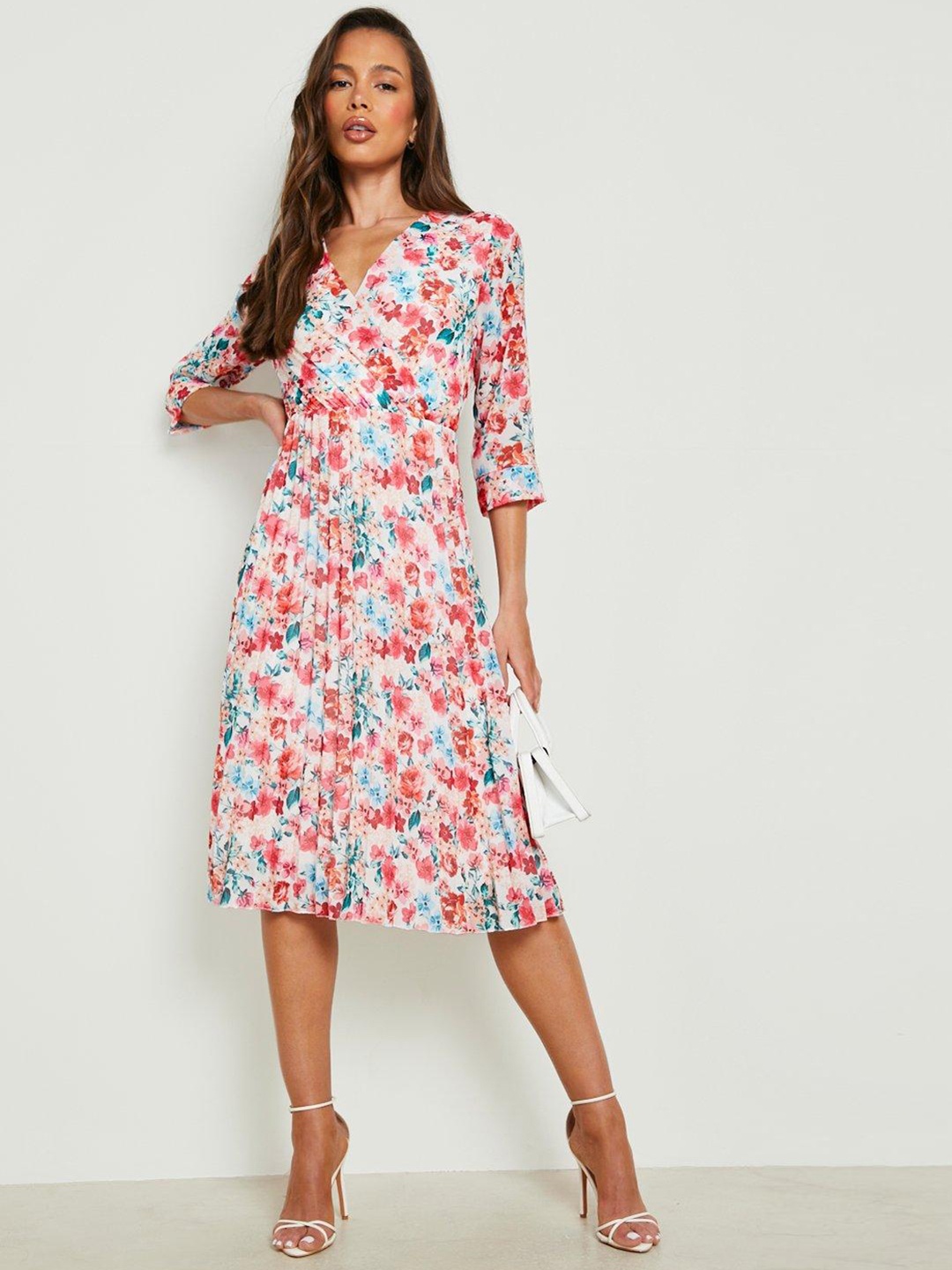 

Boohoo Floral Print Pleated Wrap Midi Dress, White