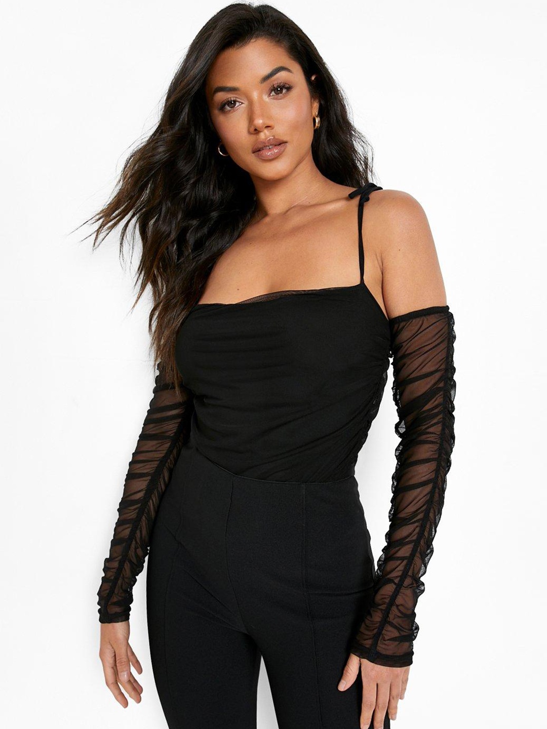 

Boohoo Ruched Mesh Bardot Bodysuit, Black