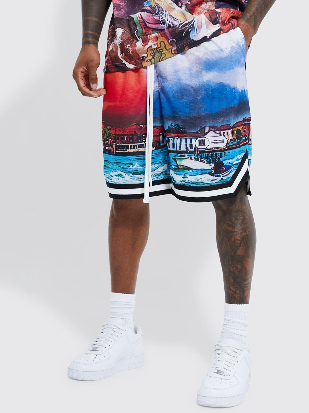 

boohooMAN Conversational Printed Basketball Style Mesh Shorts, Blue