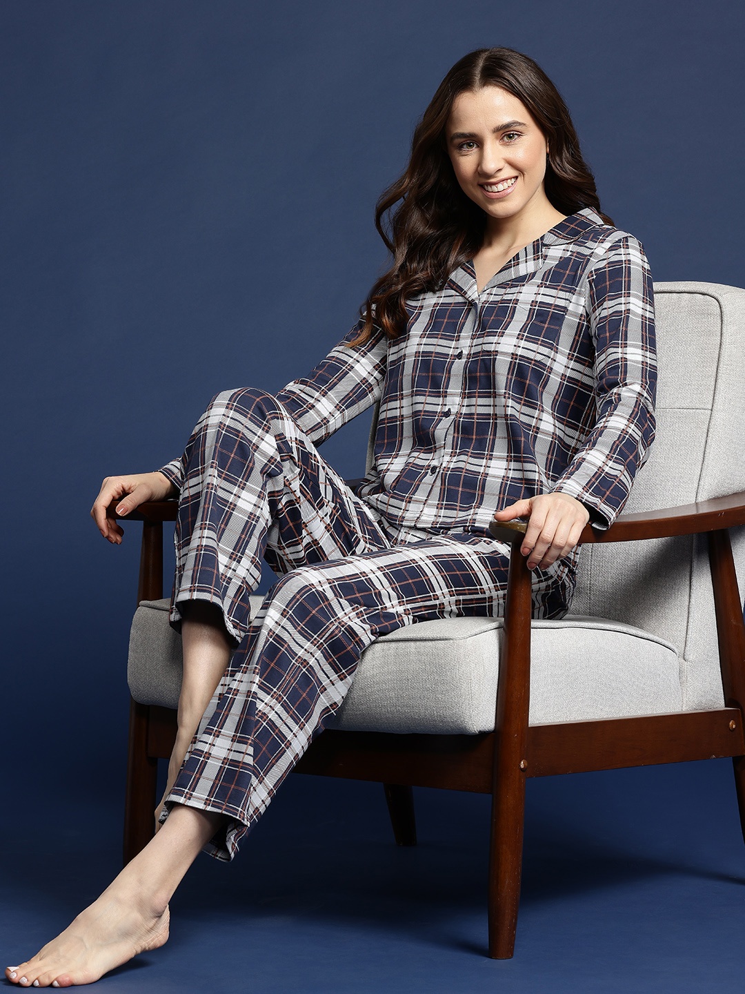 

Mast & Harbour Checked Pyjama Set with Pouch, Navy blue