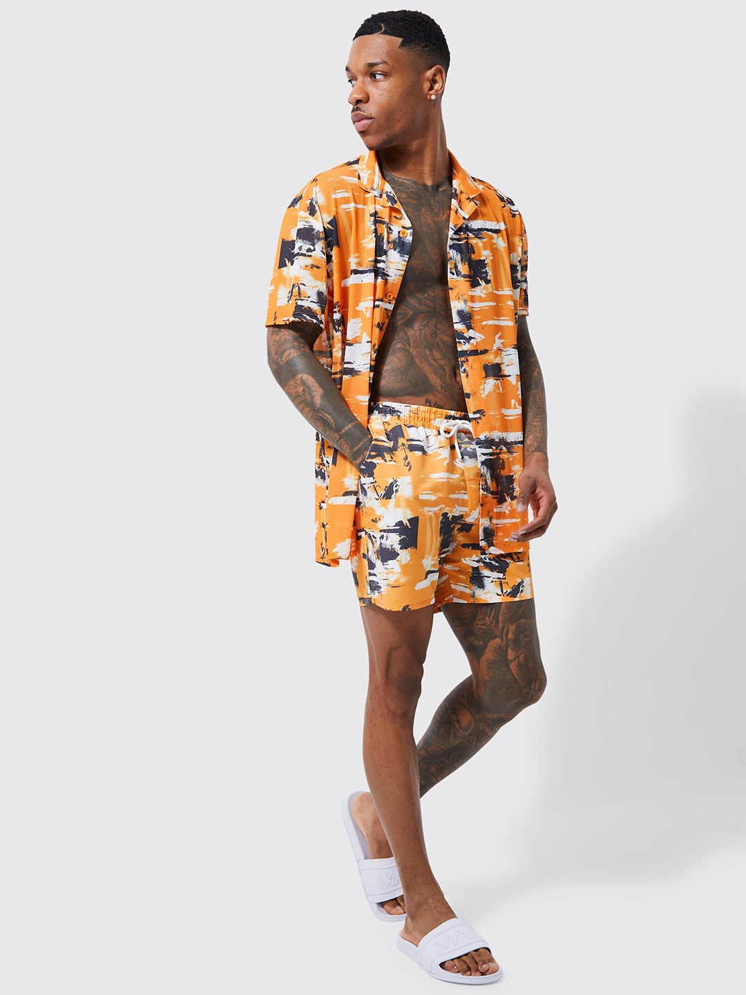 

boohooMAN Printed Shirt & Swim Short Set, Orange