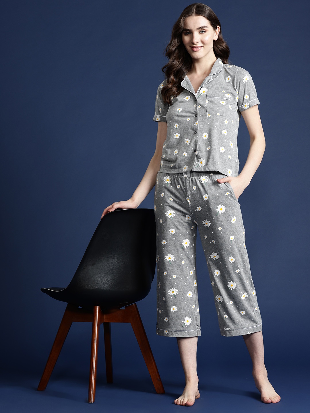 

Mast & Harbour Floral Printed Night Suit with a Pouch, Grey