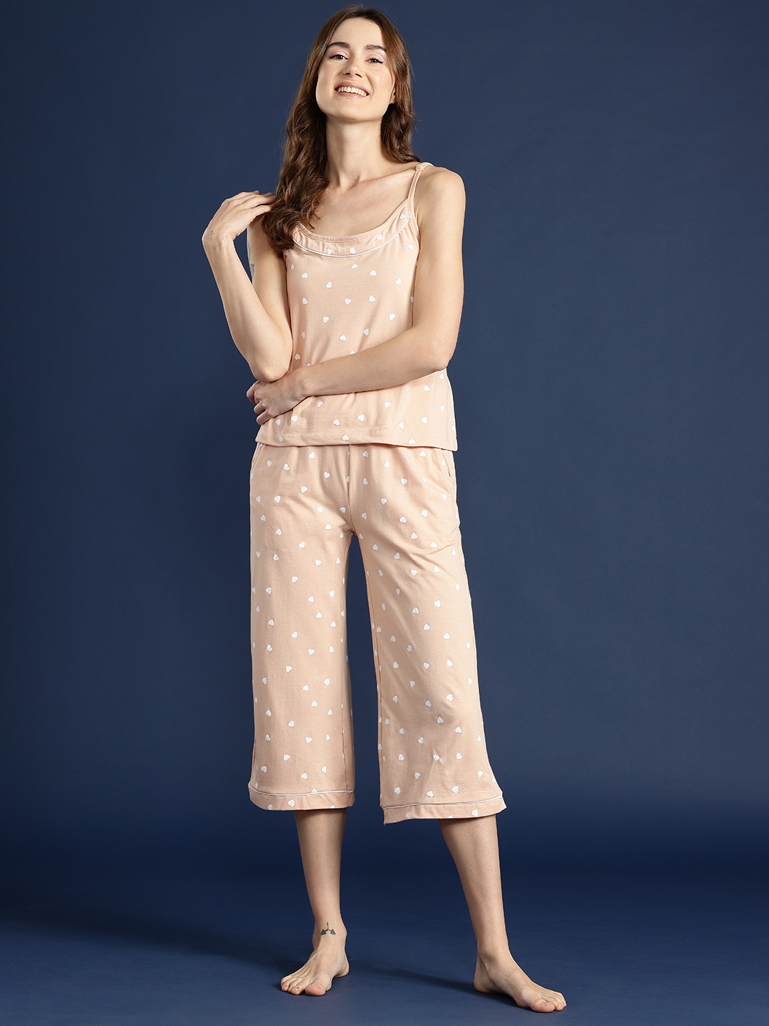 

Mast & Harbour Printed Capri Set With Pouch, Peach
