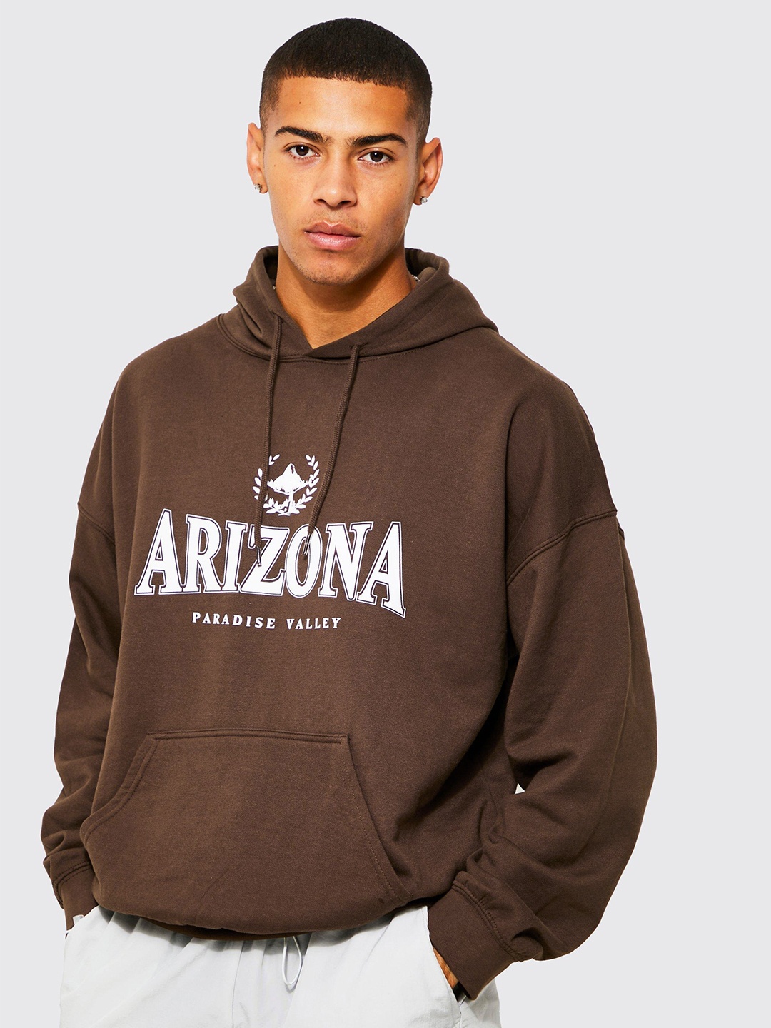 

boohooMAN Oversized Arizona Printed Hooded Sweatshirt, Brown
