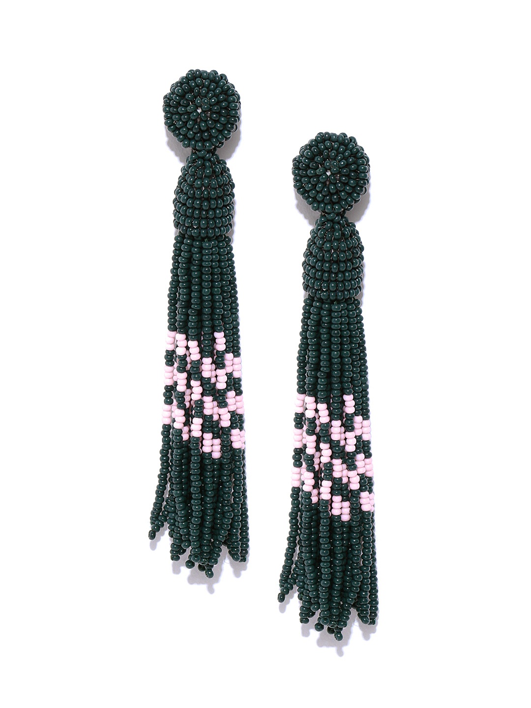 

Blueberry Green & Pink Tasselled Beaded Handcrafted Drop Earrings