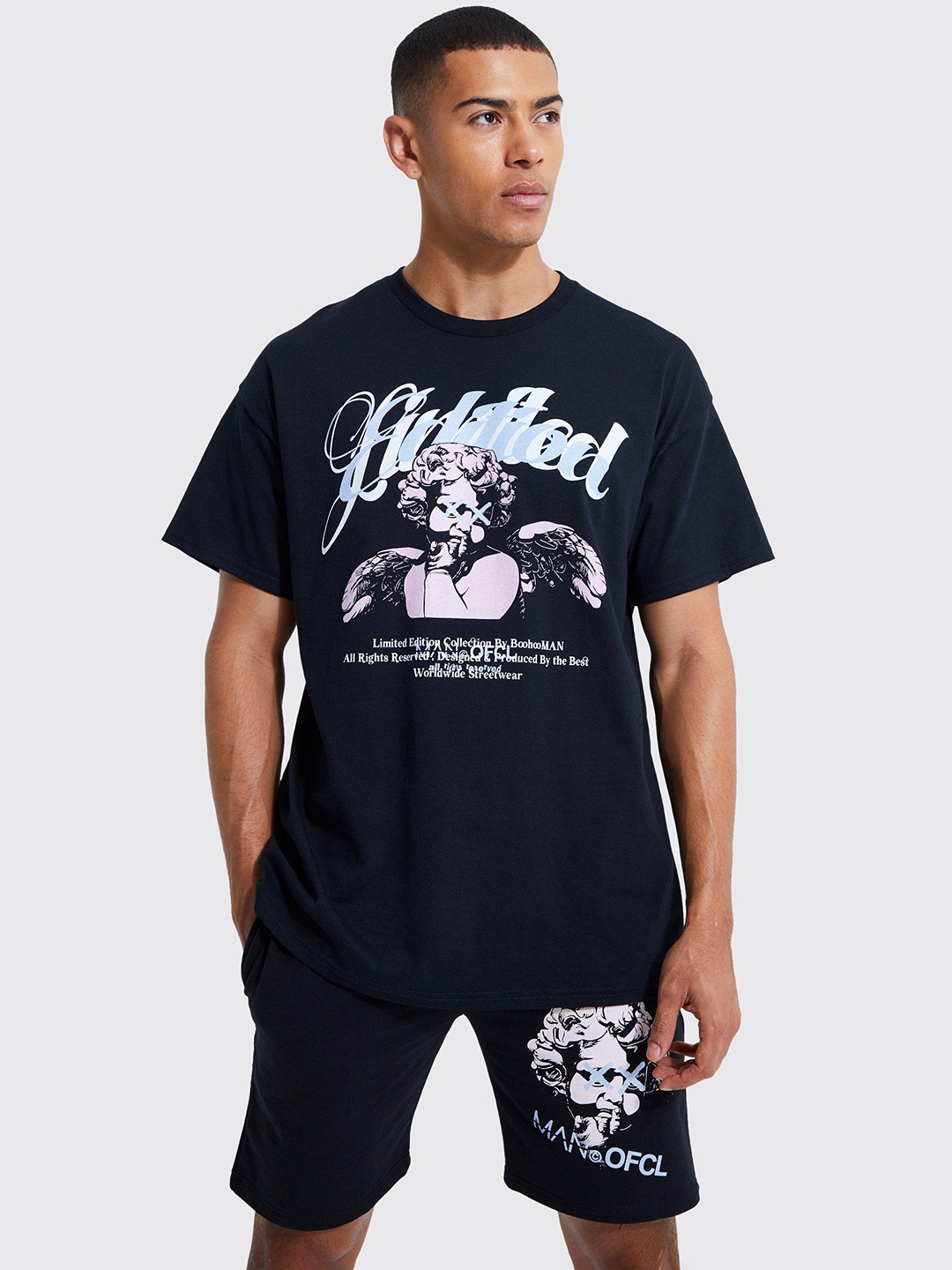 

boohooMAN Graphic Printed Oversized Co-Ords, Black