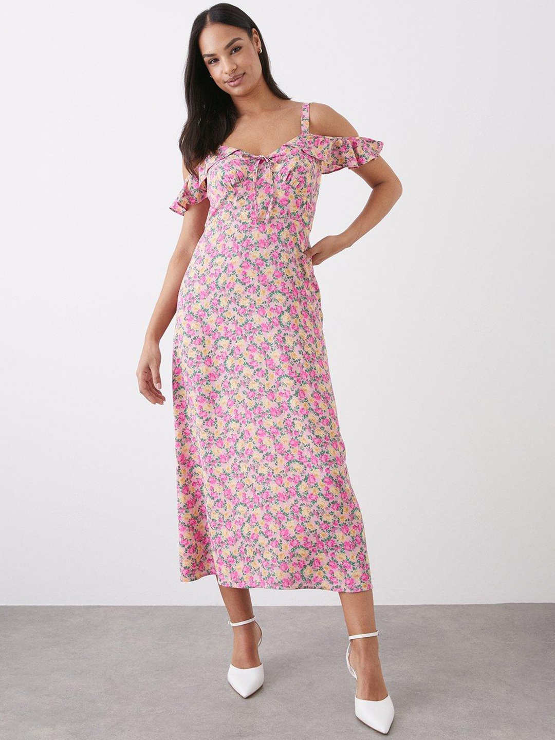 

DOROTHY PERKINS Floral Print Cold-Shoulder Sleeves A-Line Midi Dress, Pink