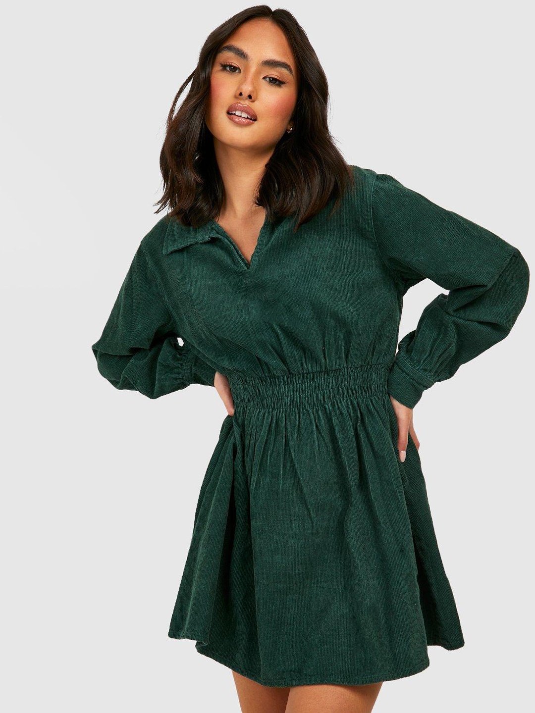 

Boohoo Solid Corduroy Shirt Mini Dress, Green