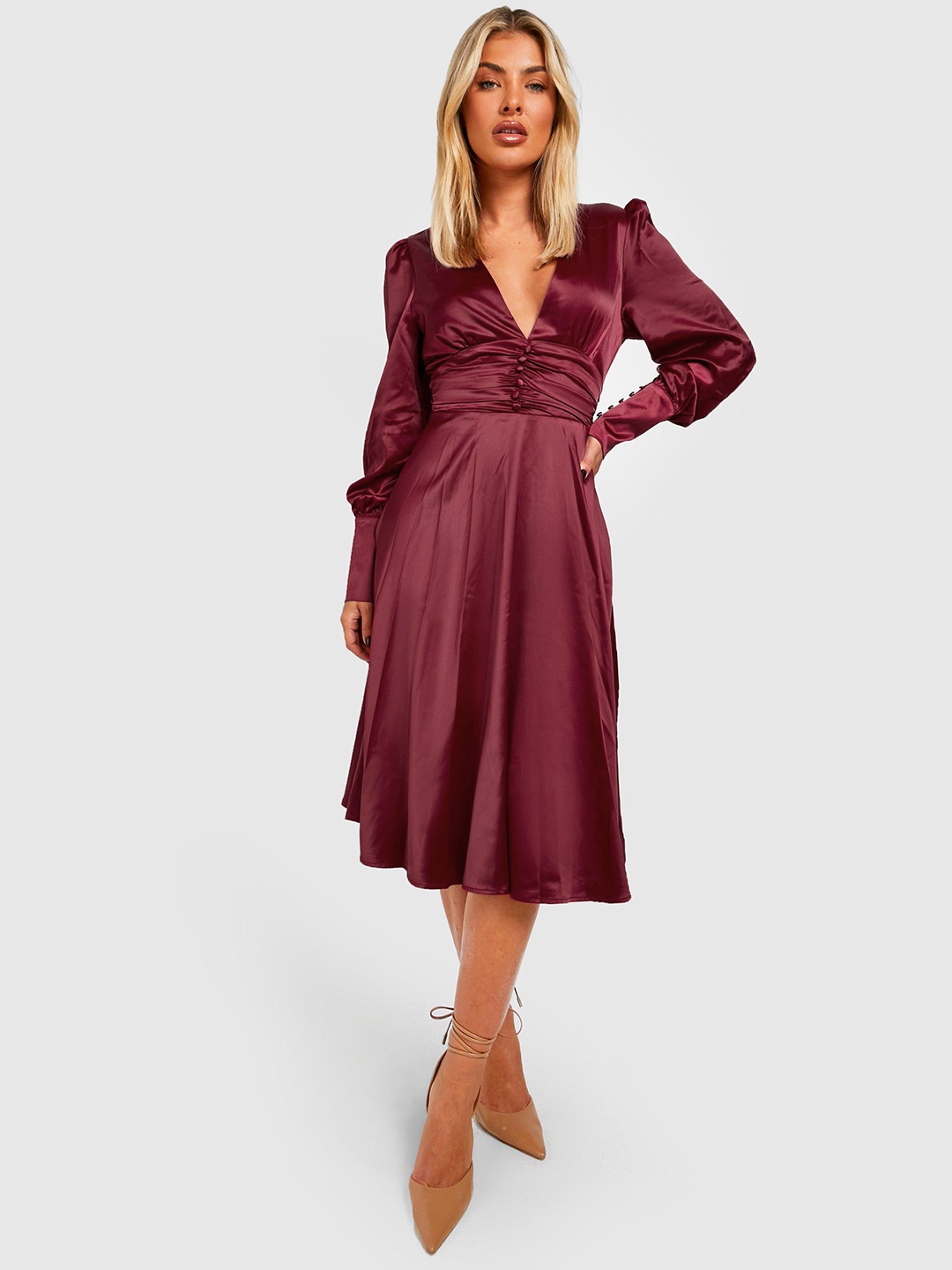 

Boohoo Satin Finish Puff Sleeves Fit & Flare Dress, Maroon