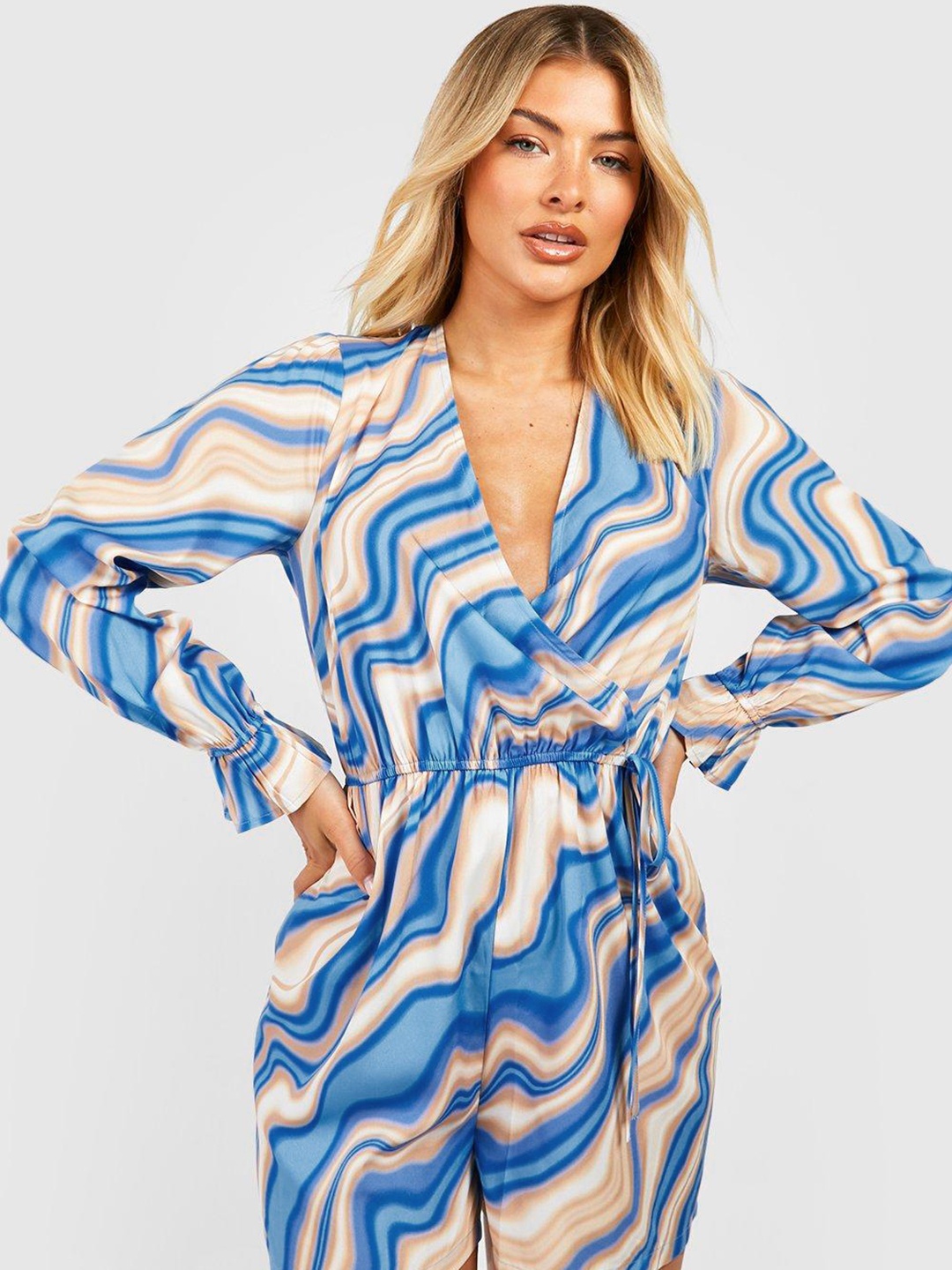

Boohoo Printed Wrap-Style Playsuit, Blue