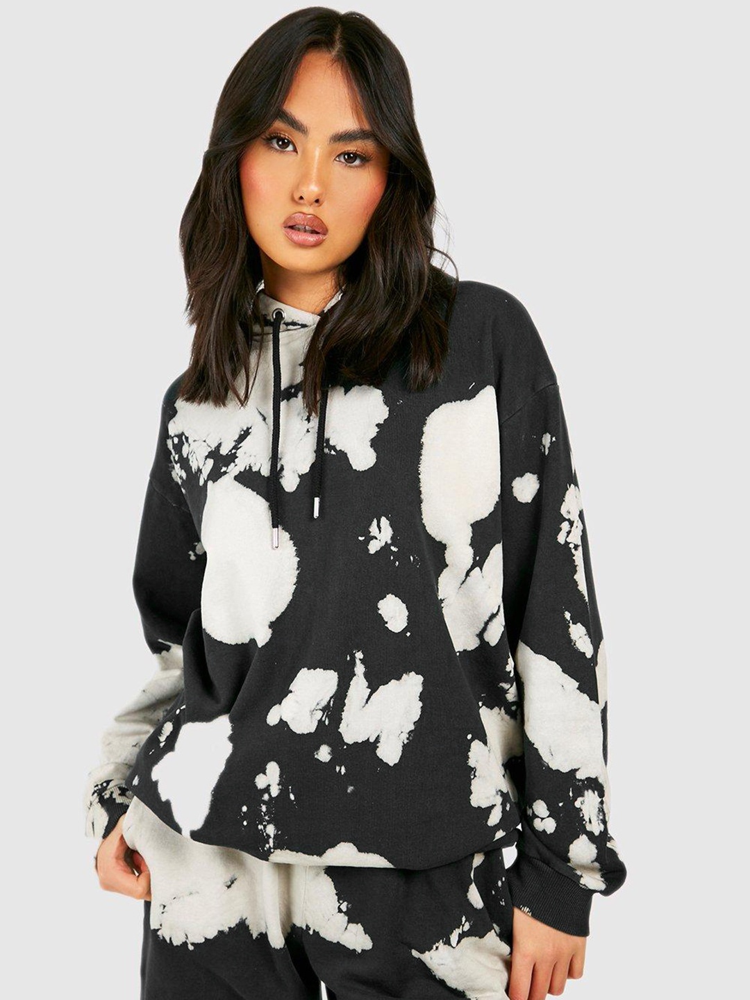 

Boohoo Women Printed Hooded Sweatshirt, Charcoal